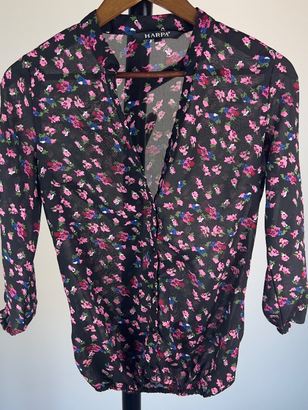 Harpa Sheer Ditsy Floral V-Neck Bubble Hem Blouse Medium